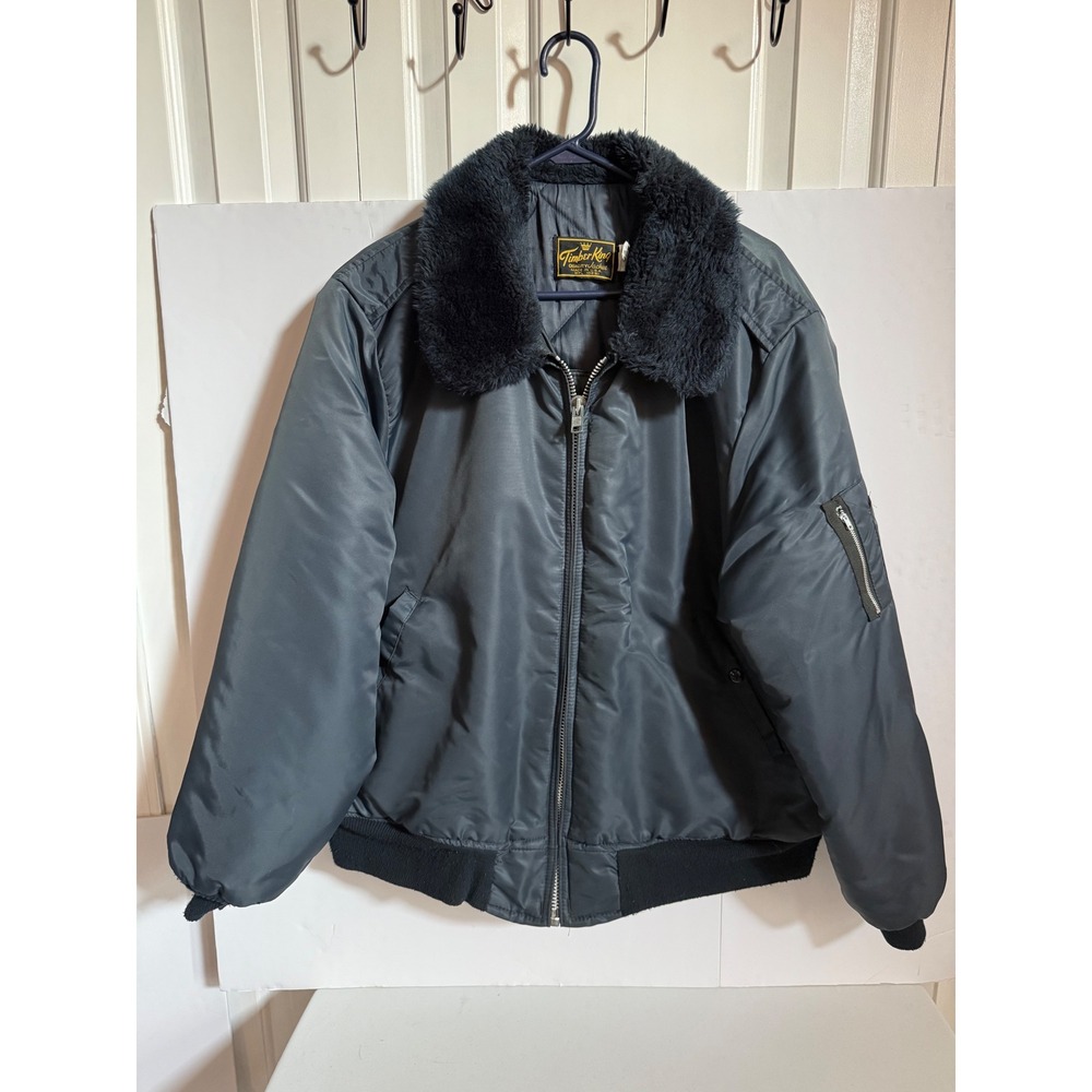 Vintage Timber King Bomber Jacket Navy Blue Faux Fur Collar Flight XL USA Made